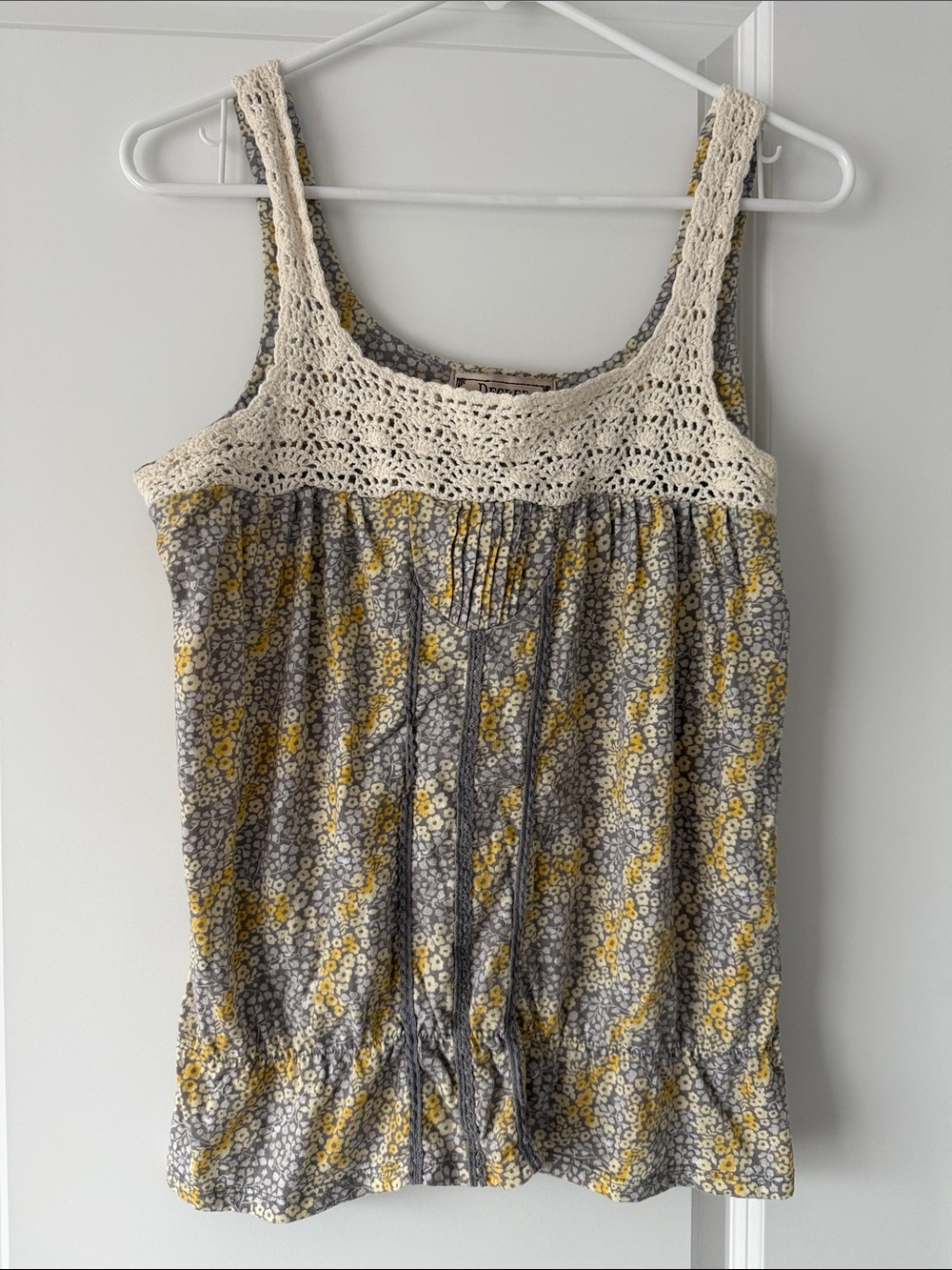 Decree Gray Floral Tank with Yellow Accents and Crochet Yoke